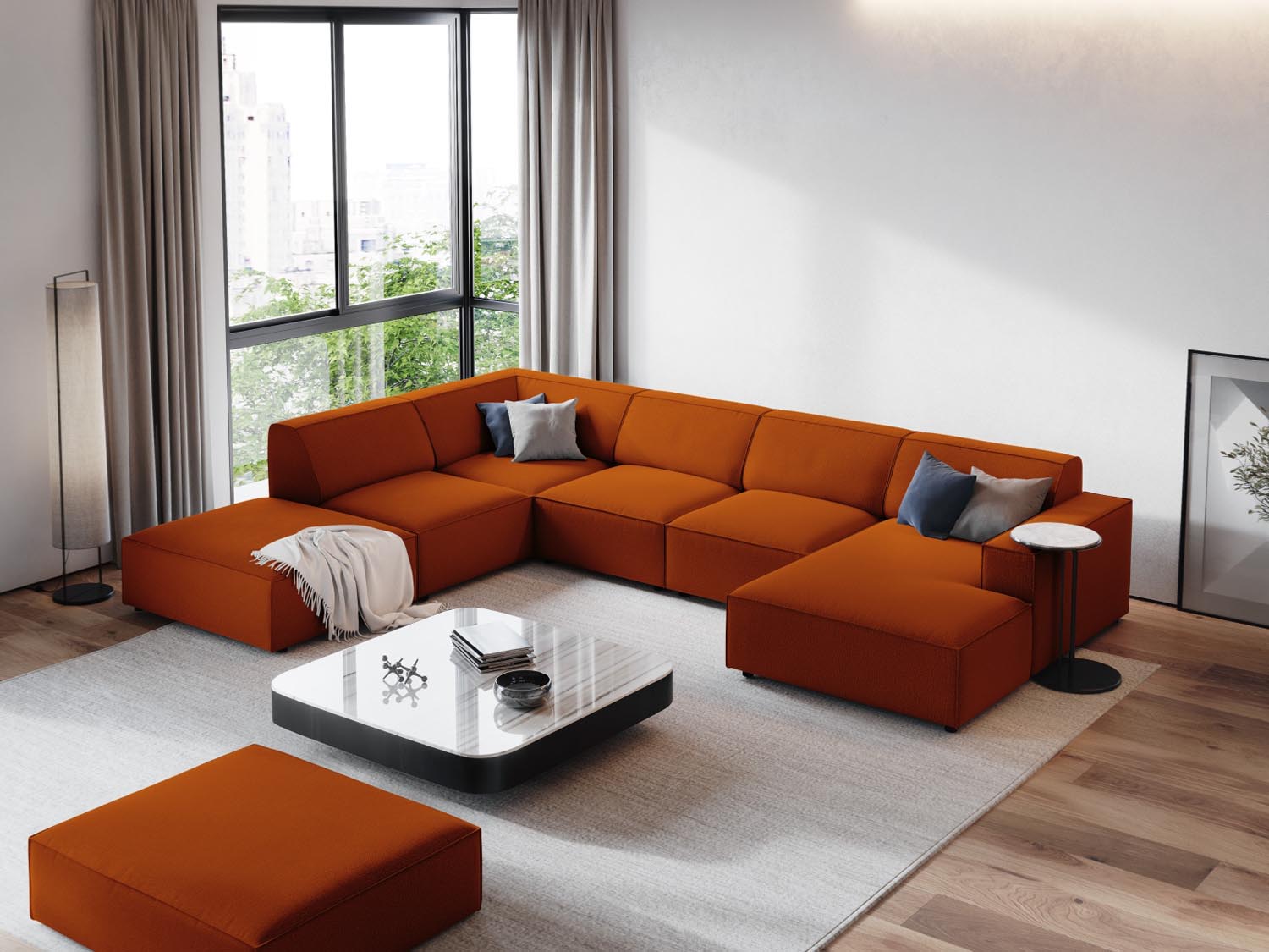 Elegantes, modulares Panoramic Ecksofa in Terracotta, ideal für stilvolle Wohnräume. Komfortables 7-Sitzer-Design von Micadoni.