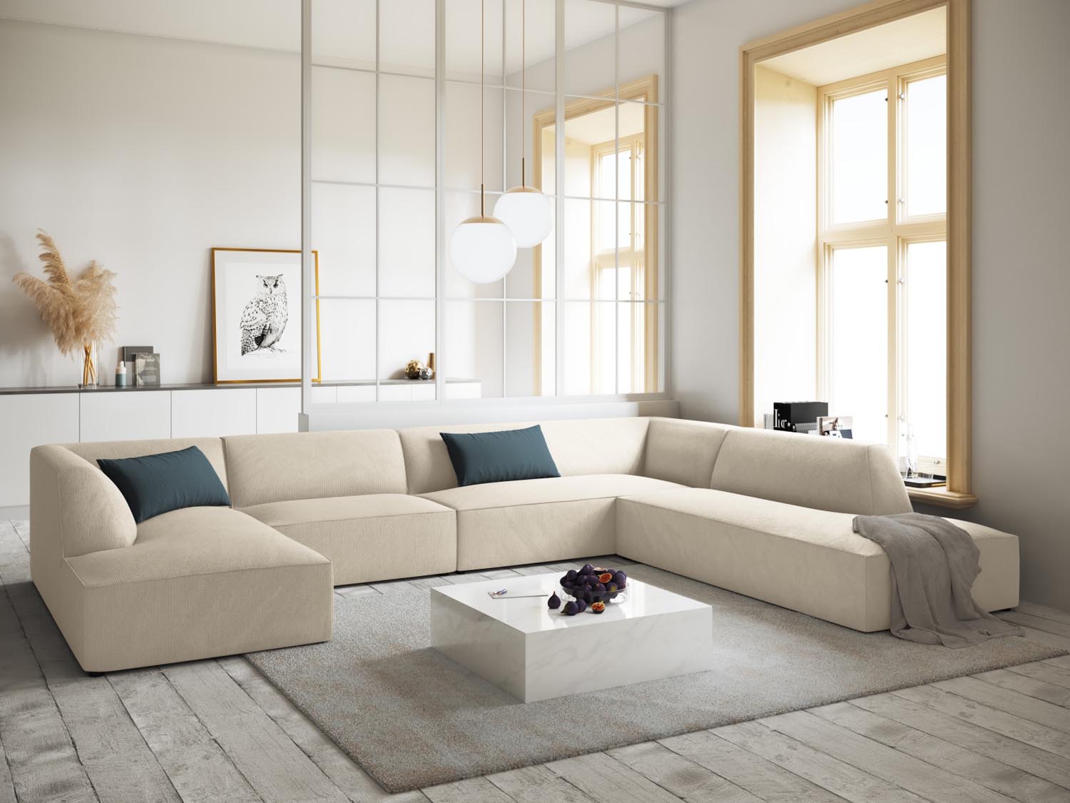 Elegantes Ruby Panoramic Ecksofa rechts in stilvollem Light Beige, ideal für moderne Wohnräume und gemütliche Abende.