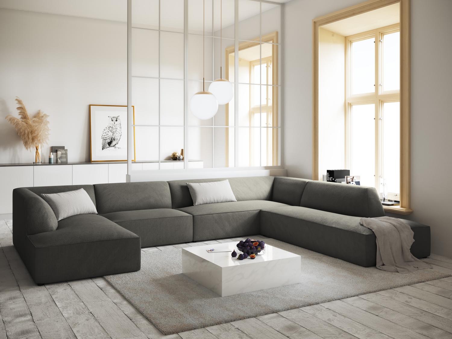 Stylisches Ruby Panoramic Ecksofa rechts, 7 Sitzer in elegantem Light Grey, ideal für moderne Wohnräume und gemütliche Abende.