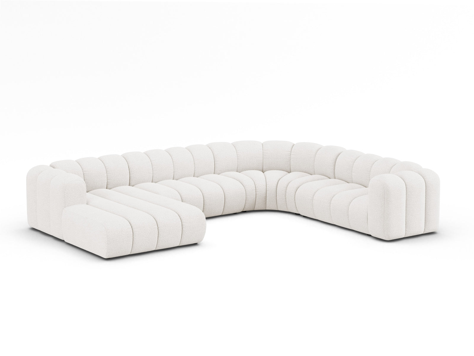Elegantes Lupine Boucle Ecksofa in Weiß, modular und panoramisch, ideal für stilvolle Wohnräume, präsentiert als 6-Sitzer von Micadoni.