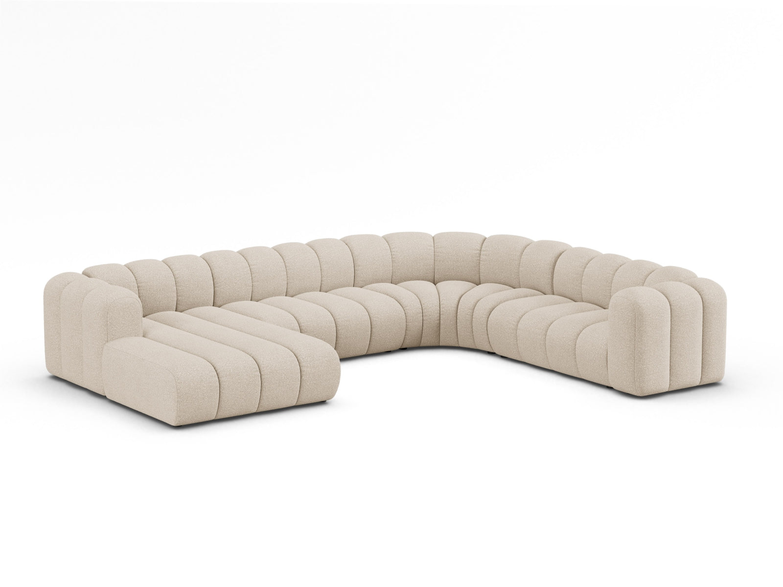 Beige Lupine Boucle Modular Panoramic Ecksofa rechts für 6 Personen, stilvolles Design von Micadoni, ideal für moderne Wohnräume.