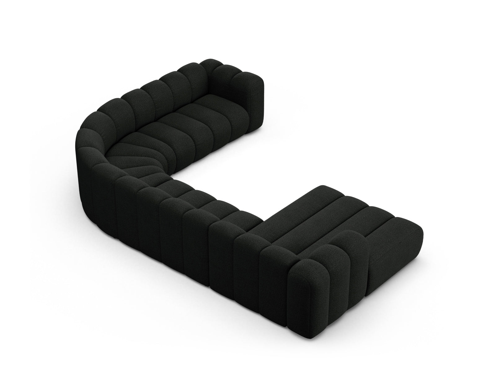 Elegantes Lupine Boucle Ecksofa rechts für 6 Personen in luxuriösem Black-Baloo, ideal für moderne und einladende Wohnräume.