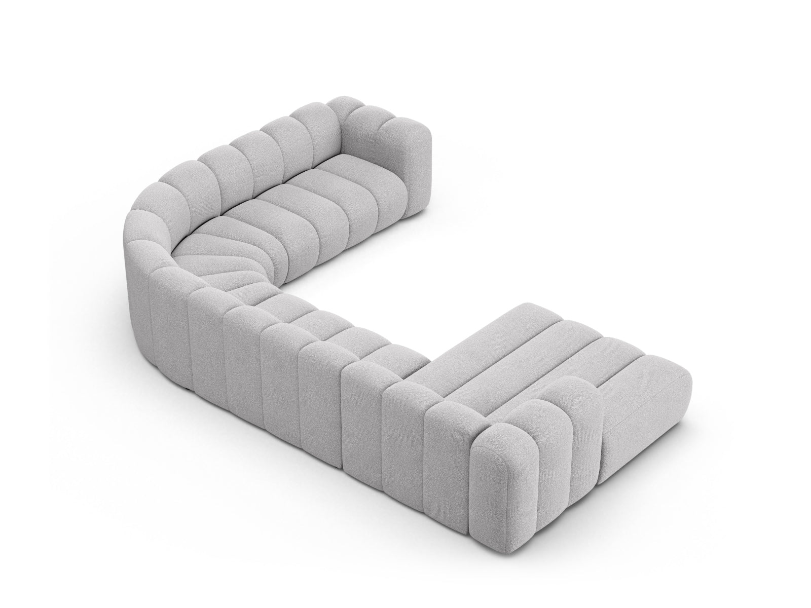 Elegantes, modulares Ecksofa Lupine Boucle in sanftem Grau, ideal für stilvolle Wohnräume und gesellige Abende.