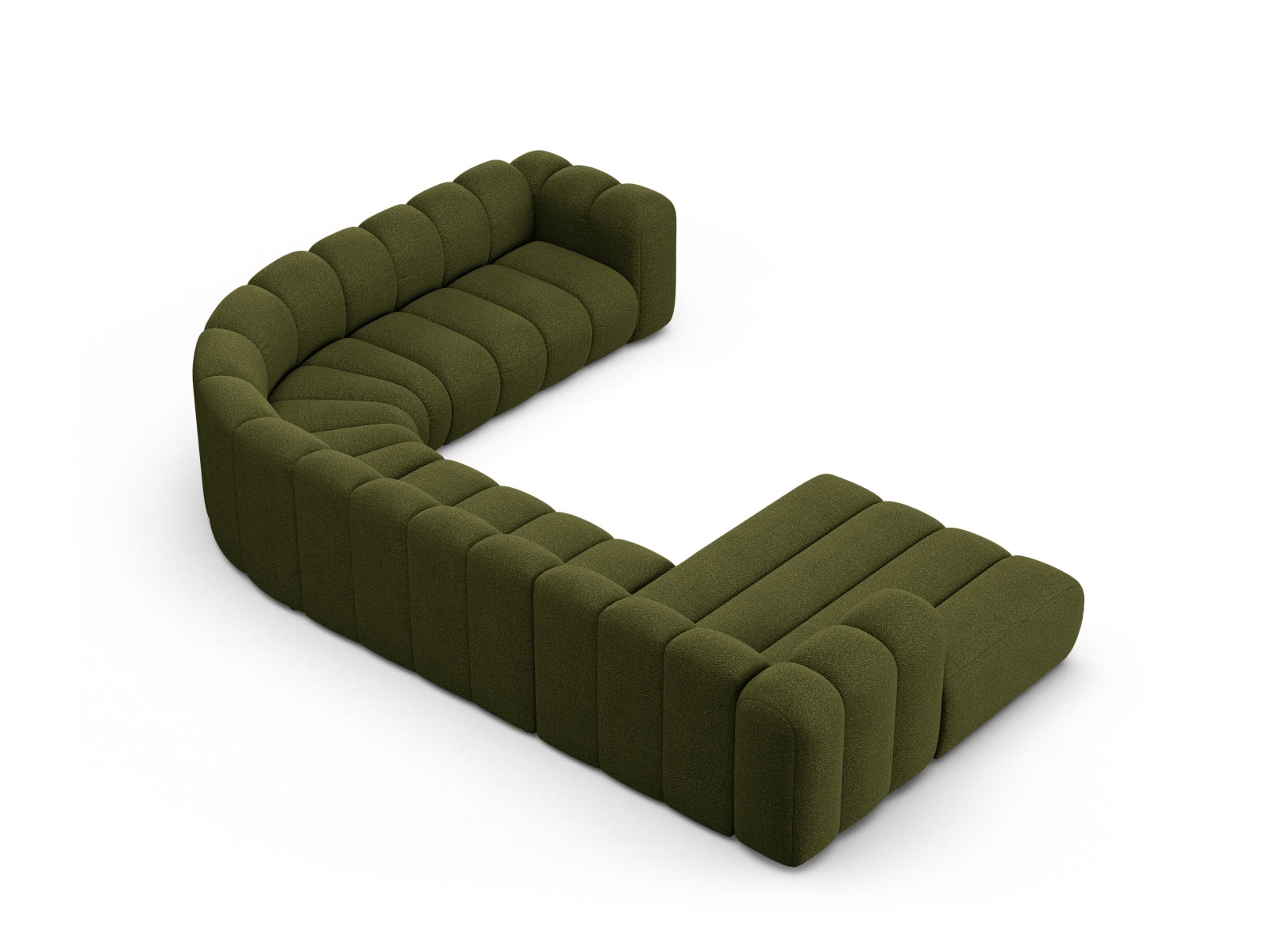Elegantes, modulares Ecksofa Lupine Boucle in Dunkeloliv, 6-Sitzer, ideal für gesellige Runden und stilvolle Wohnräume.