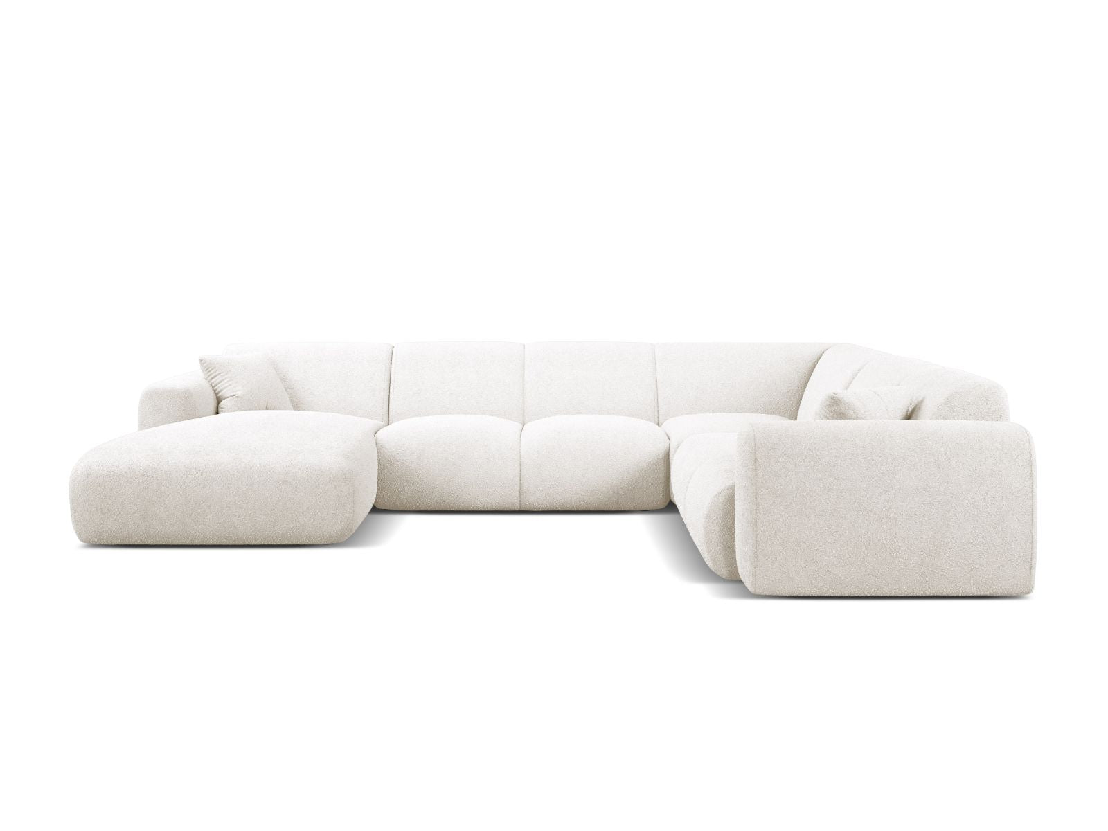 Elegantes 6-Sitzer Ecksofa Molino in modernem Design, ideal für stilvolle Wohnräume, präsentiert in hellem Weiß.