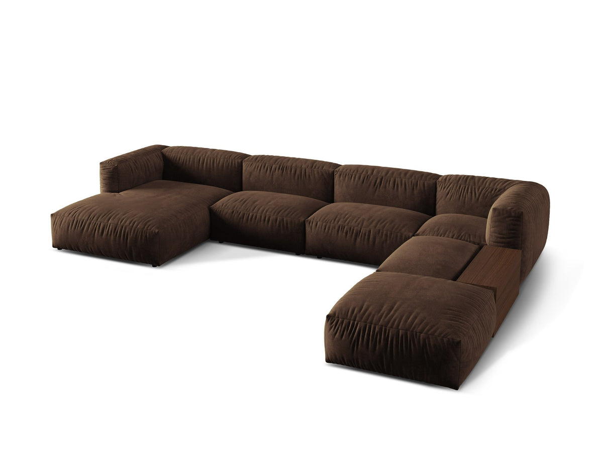 Modulares Ecksofa rechts Martina von Micadoni in Schokolade, Veloursstoff-Bezug, schwarze Kunststoffbeine, grosse Panoramaform.