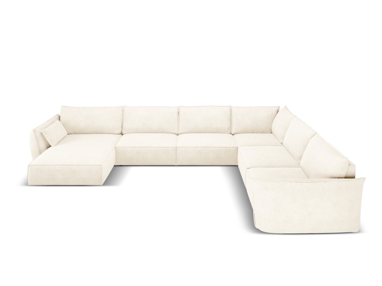 Elegantes Kaelle Panoramic Ecksofa rechts für 8 Personen in hellem Beige, ideal für stilvolle Wohnräume und gemütliche Abende.