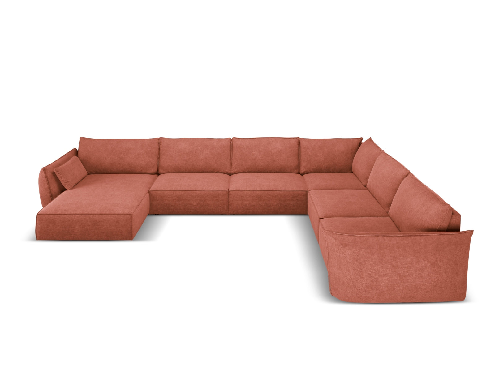 Elegantes Kaelle Panoramic Ecksofa rechts für 8 Personen in warmem Terracotta, ideal für stilvolle Wohnräume.