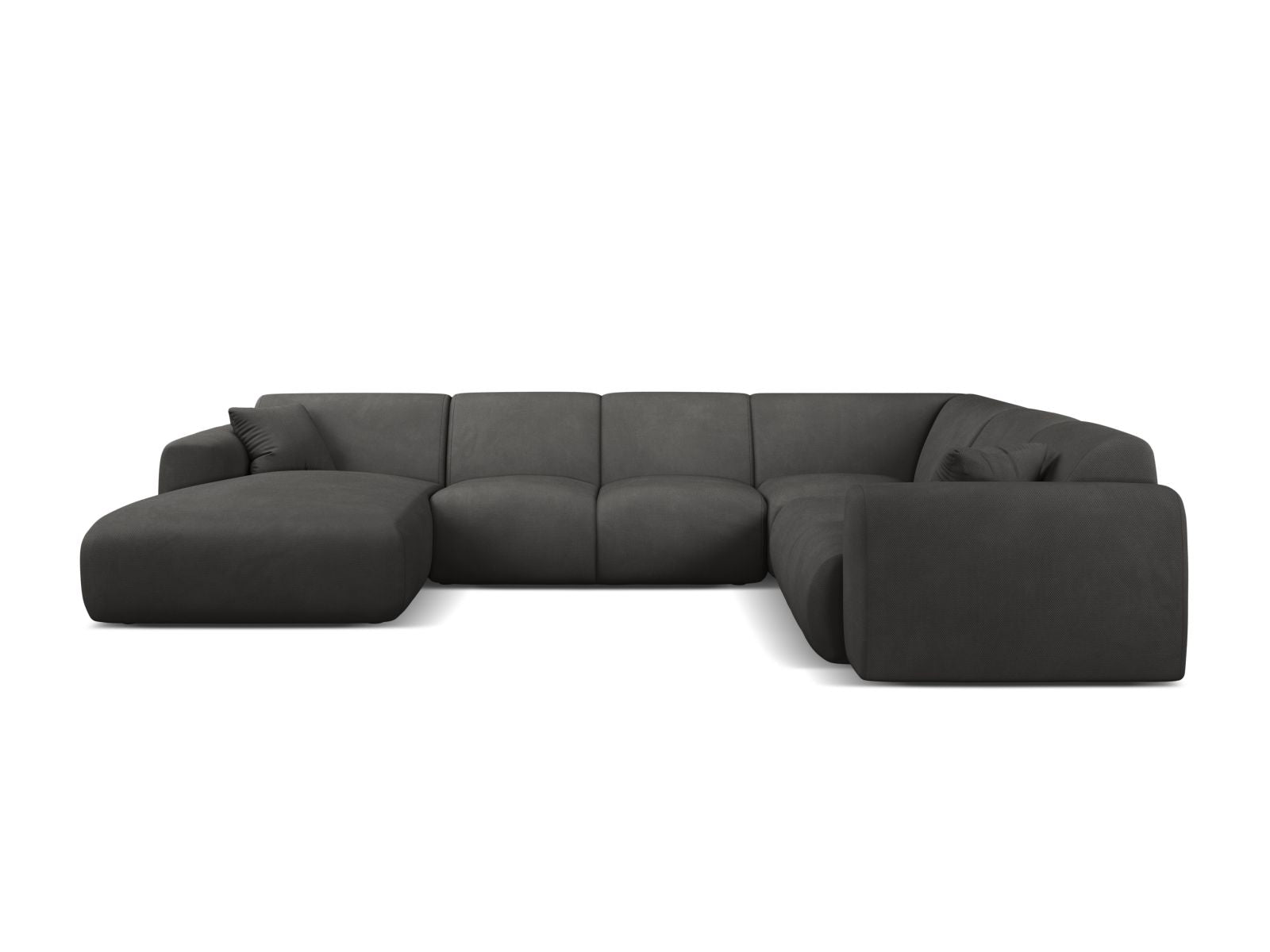 Elegantes 6-Sitzer Ecksofa Molino in Dunkelgrau, ideal für moderne Wohnräume, mit modularer Bauweise für individuelle Gestaltung.