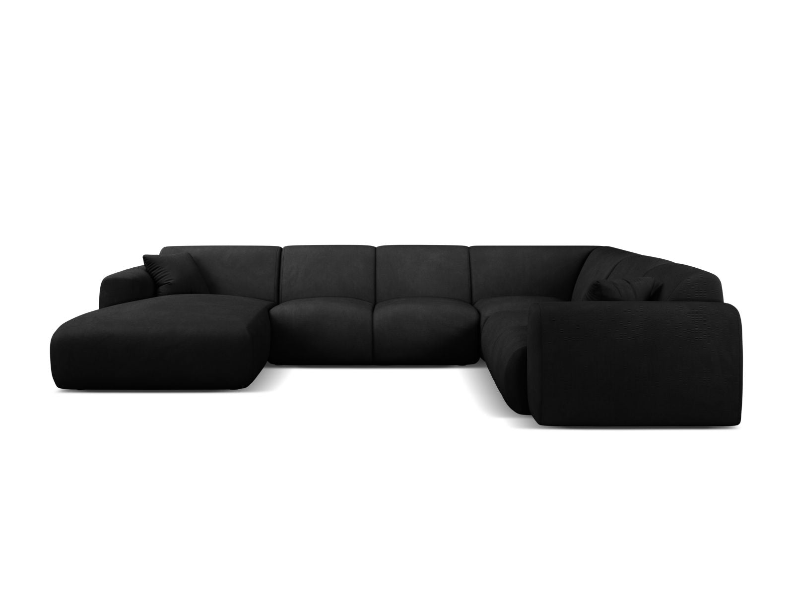 Elegantes 6-Sitzer Ecksofa Molino in Schwarz, modular und panoramisch, ideal für stilvolle Wohnräume.
