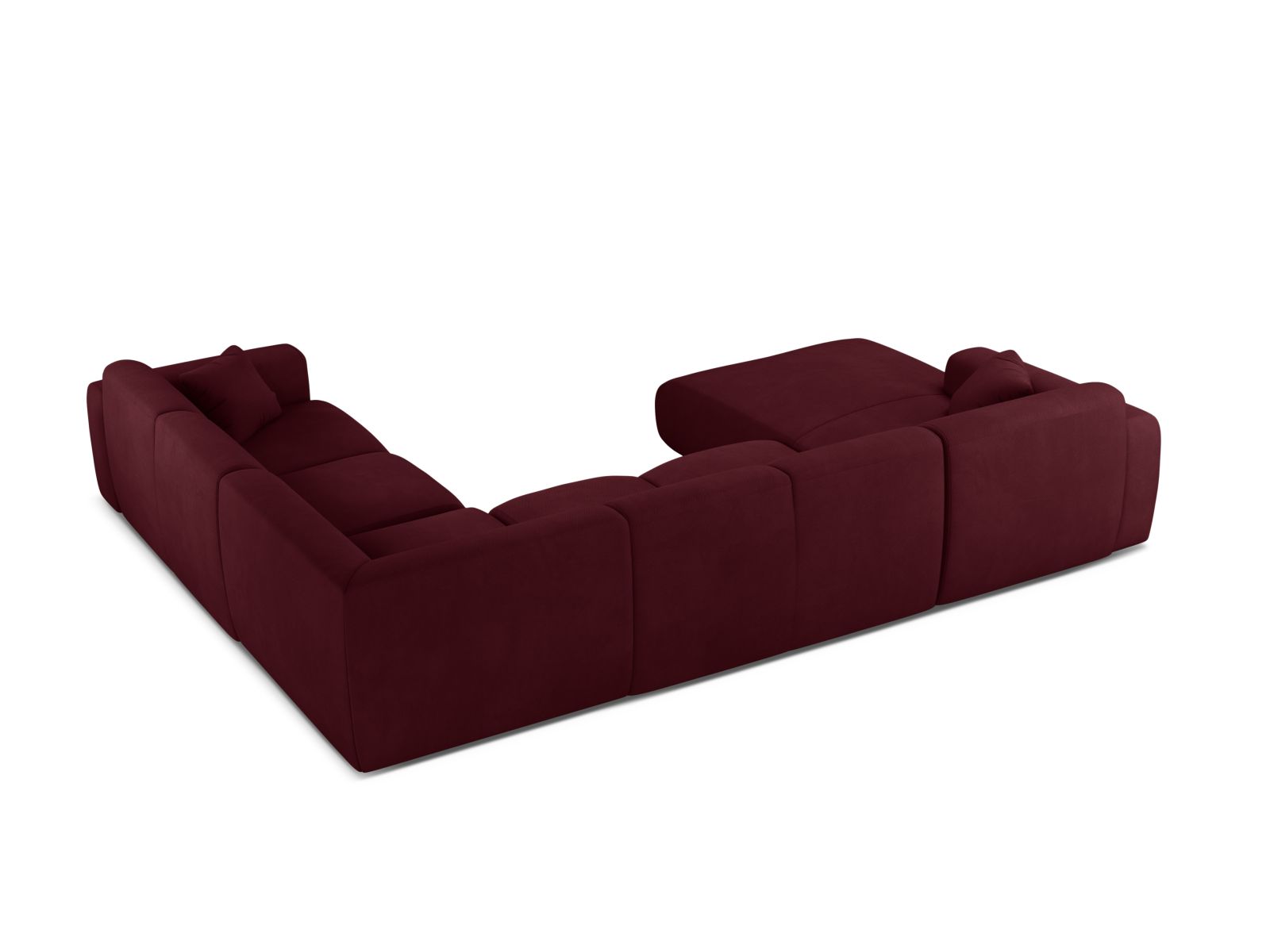 Stilvolles 6-Sitzer Ecksofa Molino in Bordeaux, perfekt für gesellige Runden, bietet flexible Anordnung und hohen Sitzkomfort.