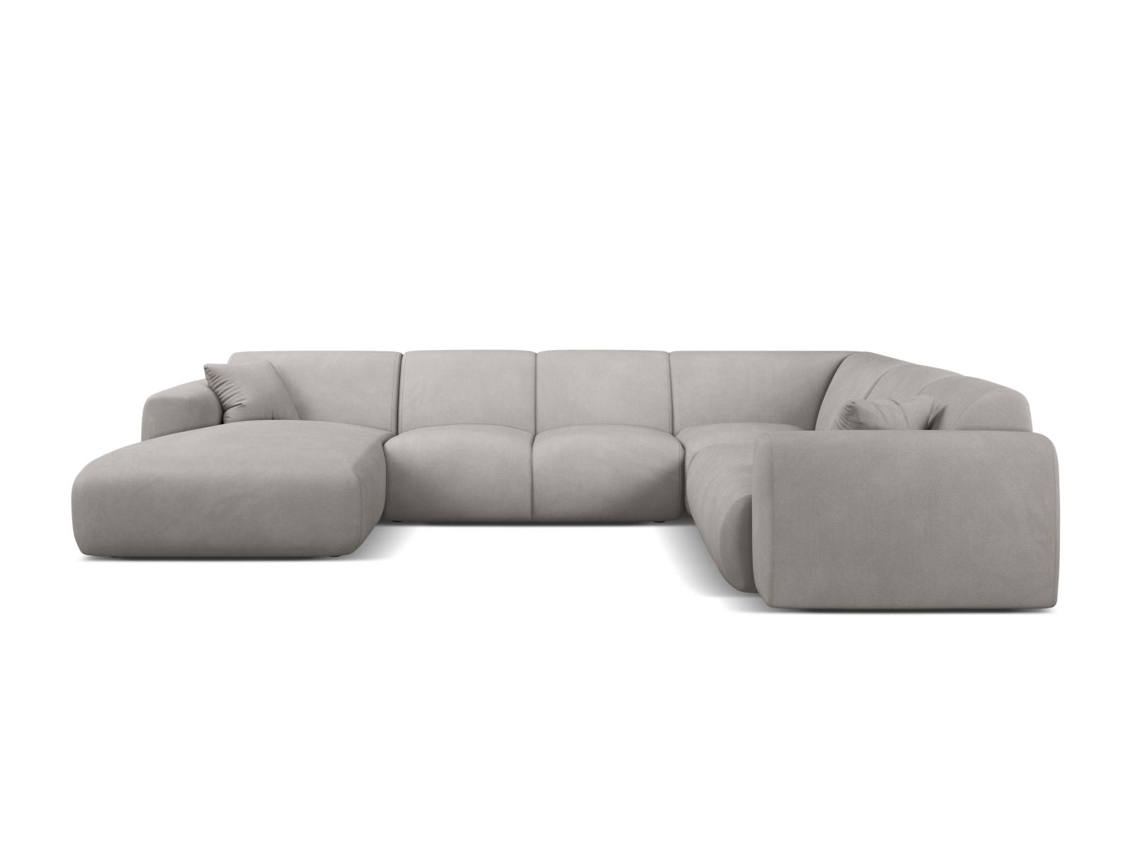 Elegantes 6-Sitzer Ecksofa Molino in hellem Grau, ideal für moderne Wohnräume, präsentiert sich in stilvollem Design und modularer Form.