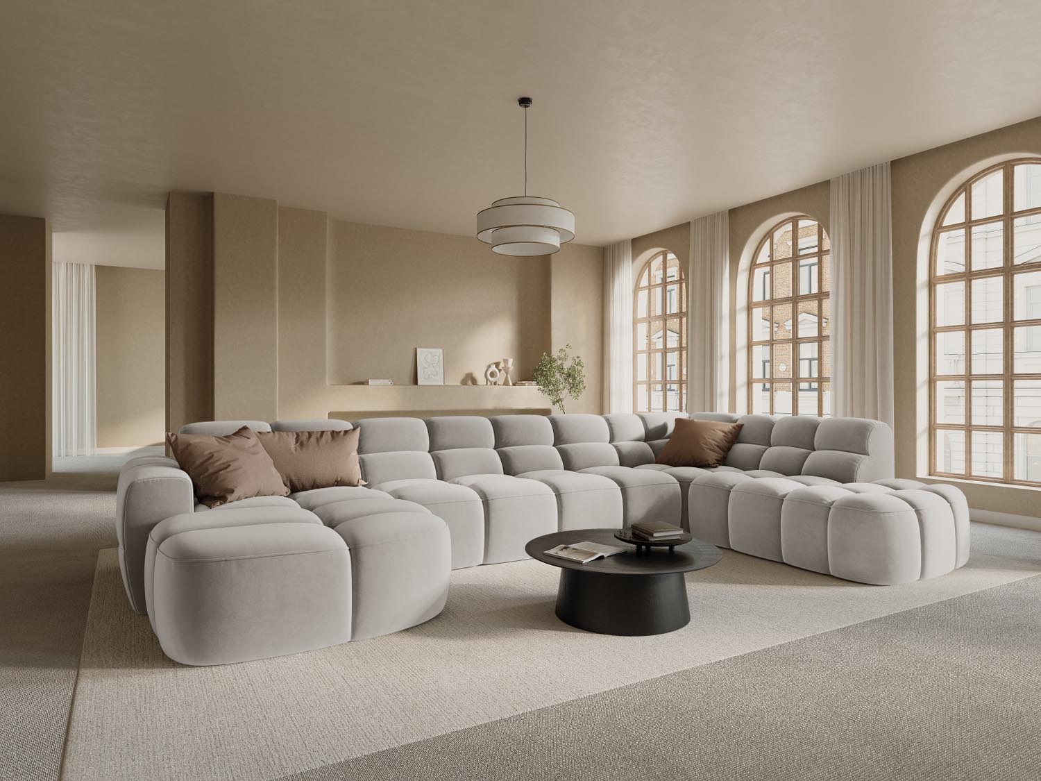 Lisa Velour Panoramic Ecksofa rechts 7 Sitzer in Light Beige präsentiert im Onlineshop von KAQTU Design AG. Ecksofa rechts ist von Micadoni