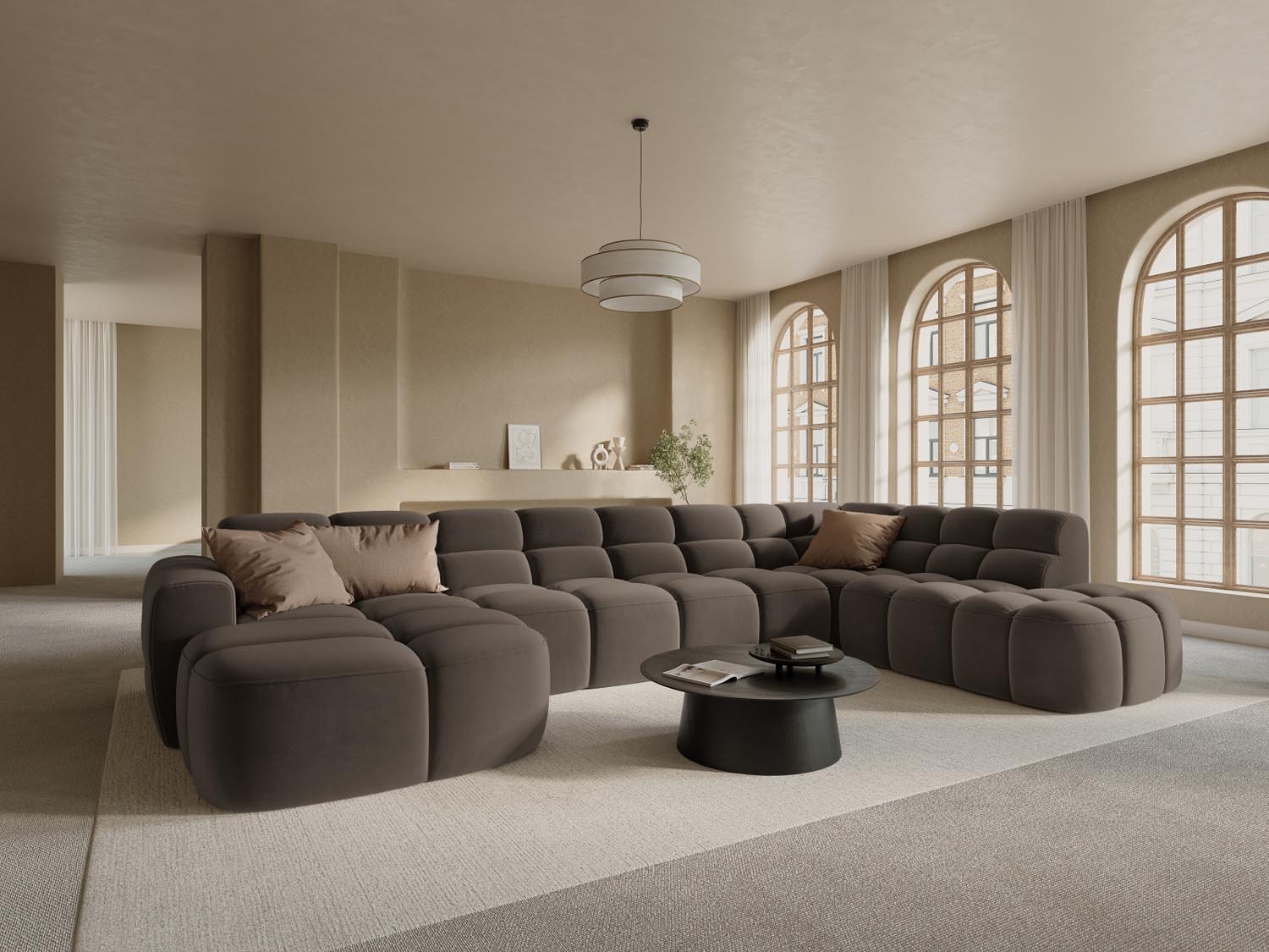 Lisa Velour Panoramic Ecksofa rechts 7 Sitzer in Light Brown präsentiert im Onlineshop von KAQTU Design AG. Ecksofa rechts ist von Micadoni