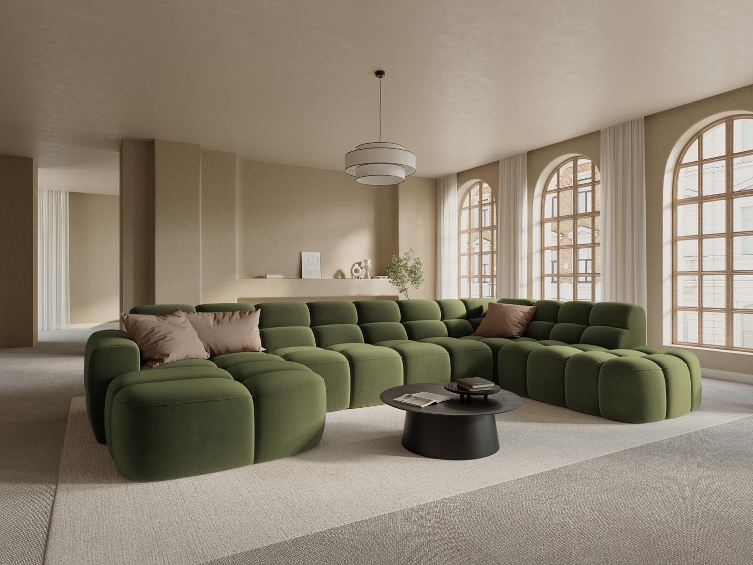 Lisa Velour Panoramic Ecksofa rechts 7 Sitzer in Light Green präsentiert im Onlineshop von KAQTU Design AG. Ecksofa rechts ist von Micadoni