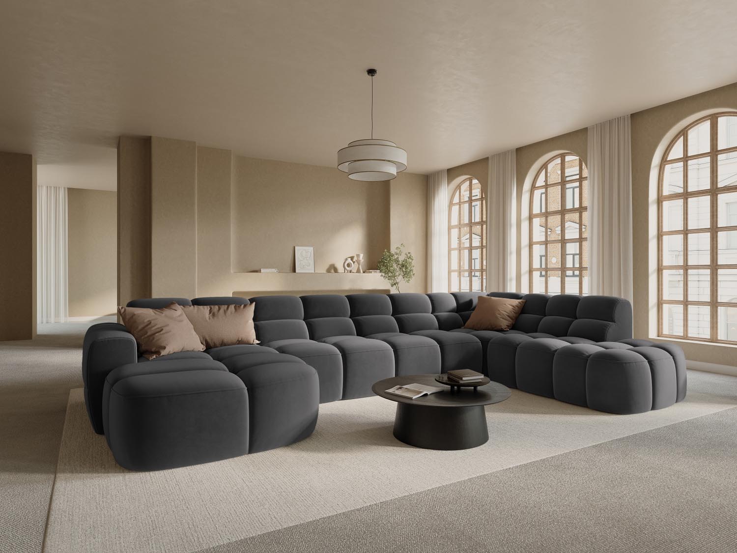 Lisa Velour Panoramic Ecksofa rechts 7 Sitzer in Dark Grey präsentiert im Onlineshop von KAQTU Design AG. Ecksofa rechts ist von Micadoni