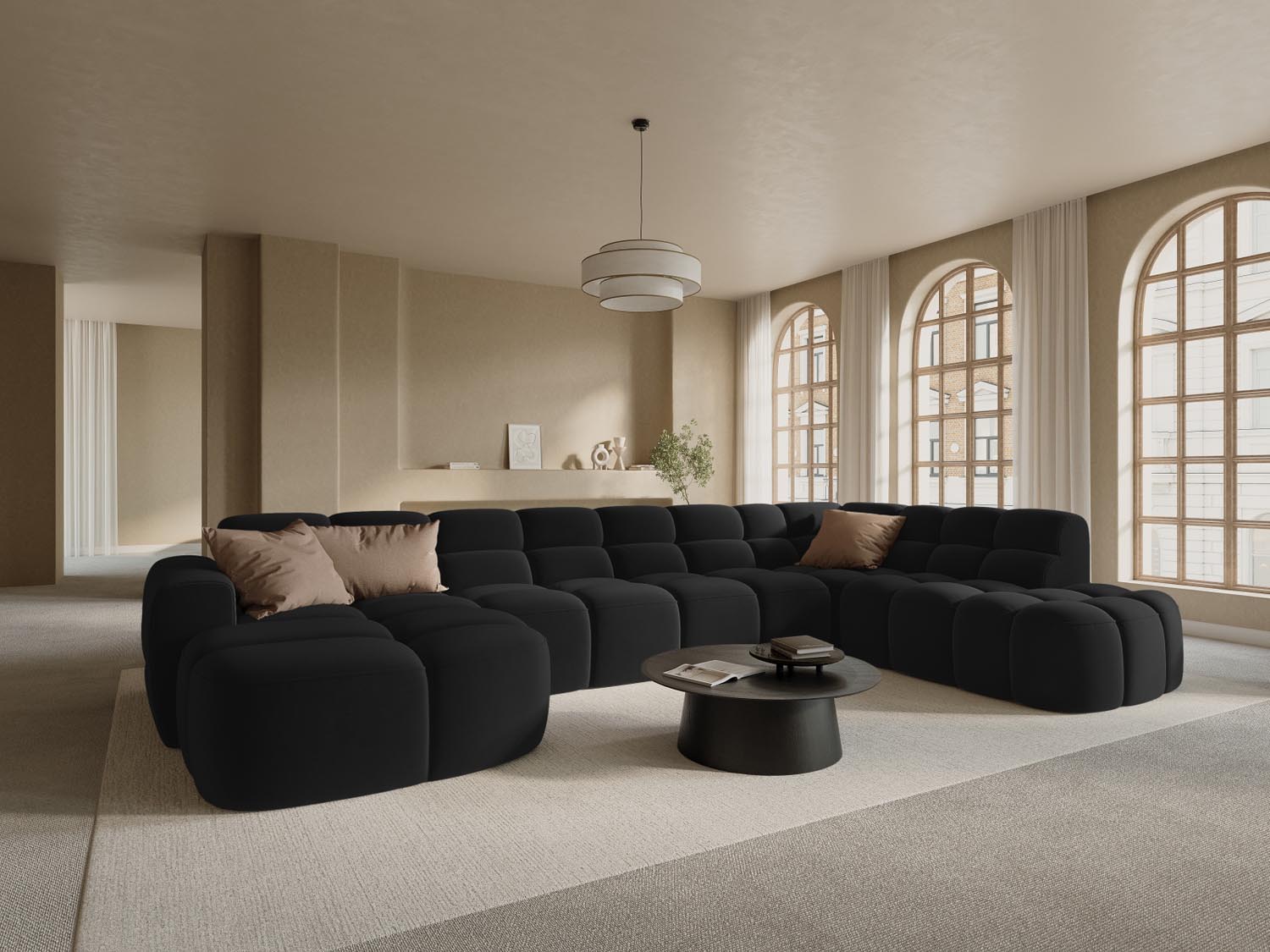 Lisa Velour Panoramic Ecksofa rechts 7 Sitzer in Black präsentiert im Onlineshop von KAQTU Design AG. Ecksofa rechts ist von Micadoni