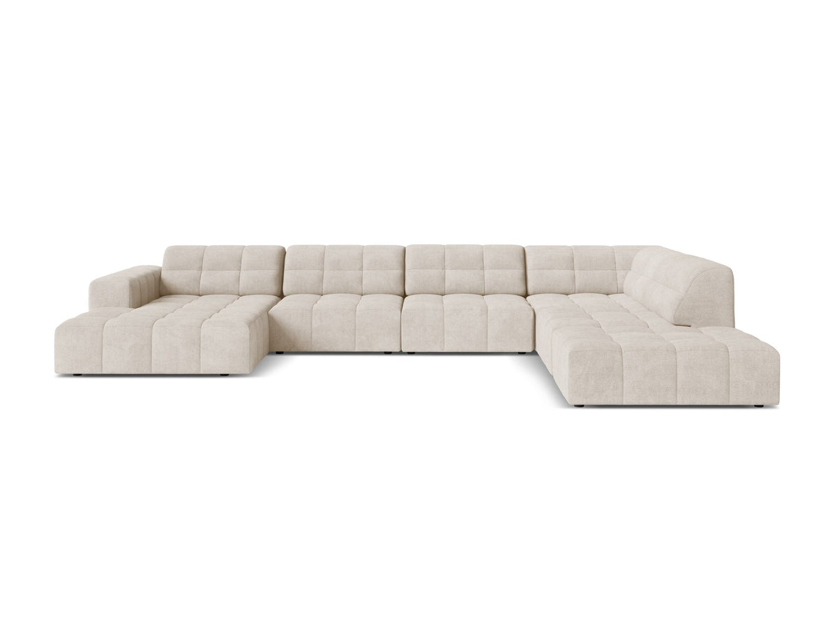 Panoramasofa Jennifer von Micadoni in leichtem Beige, Ecksofa rechts mit Bluvel-Stoffbezug, Rückenlehne und schwarzen Kunststoffbeinen aus Polypropylen.
