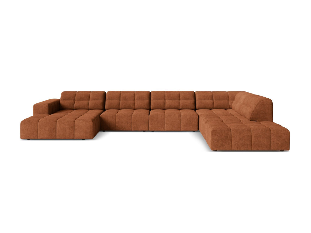 Panoramasofa Jennifer von Micadoni in leichtem Beige, Ecksofa rechts mit Bluvel-Stoffbezug, Rückenlehne und schwarzen Kunststoffbeinen aus Polypropylen.