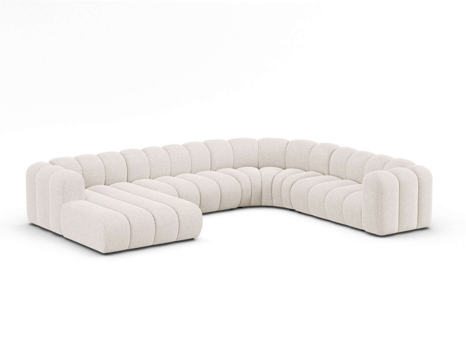 Elegantes Lupine Modular Panoramic Ecksofa rechts für 6 Personen in sanftem Light Beige, ideal für stilvolle Wohnräume.
