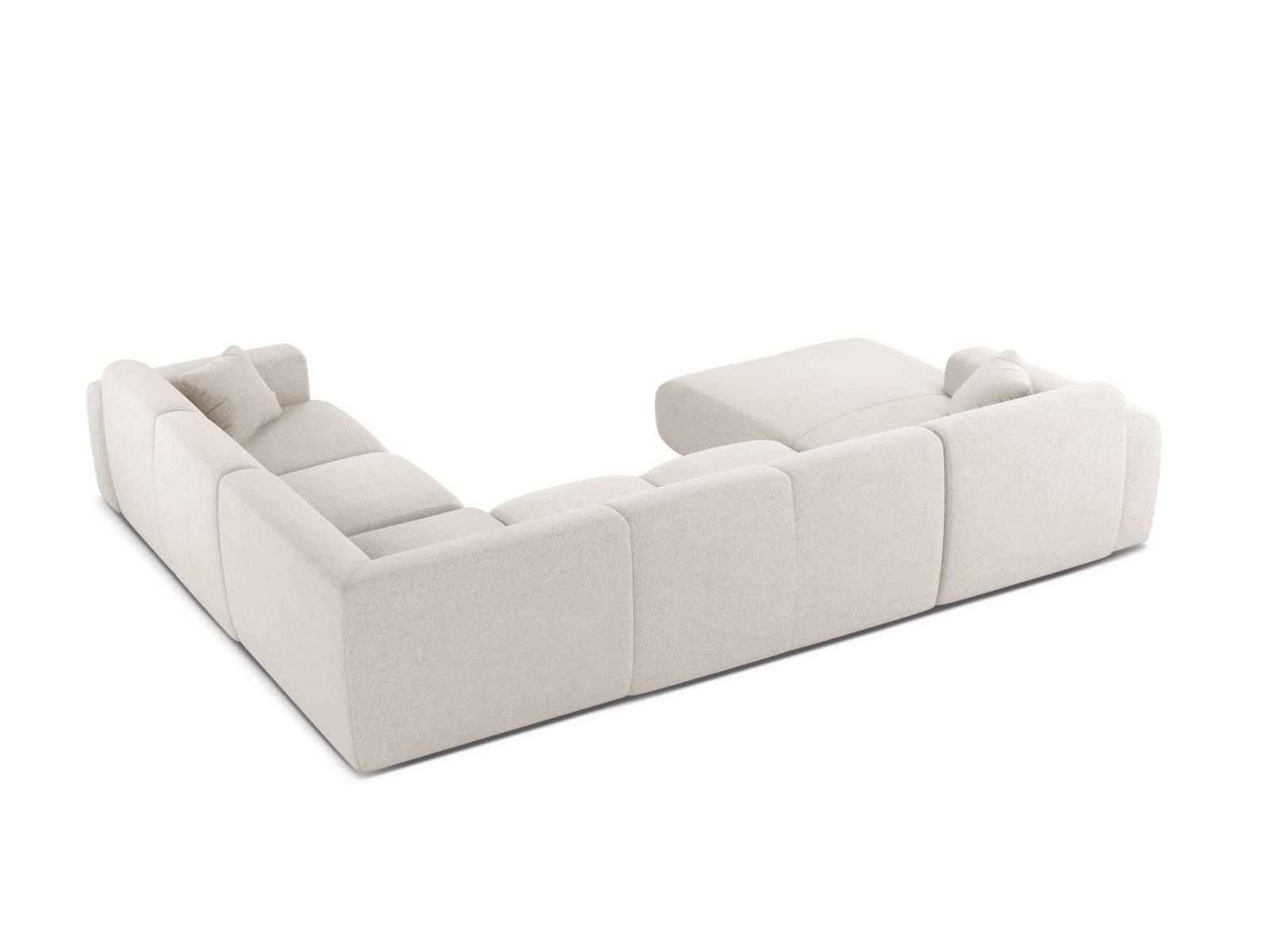 Stilvolles 6-Sitzer Ecksofa Molino in sanftem Beige, perfekt für großzügige Wohnlandschaften, bietet Flexibilität und hohen Sitzkomfort.