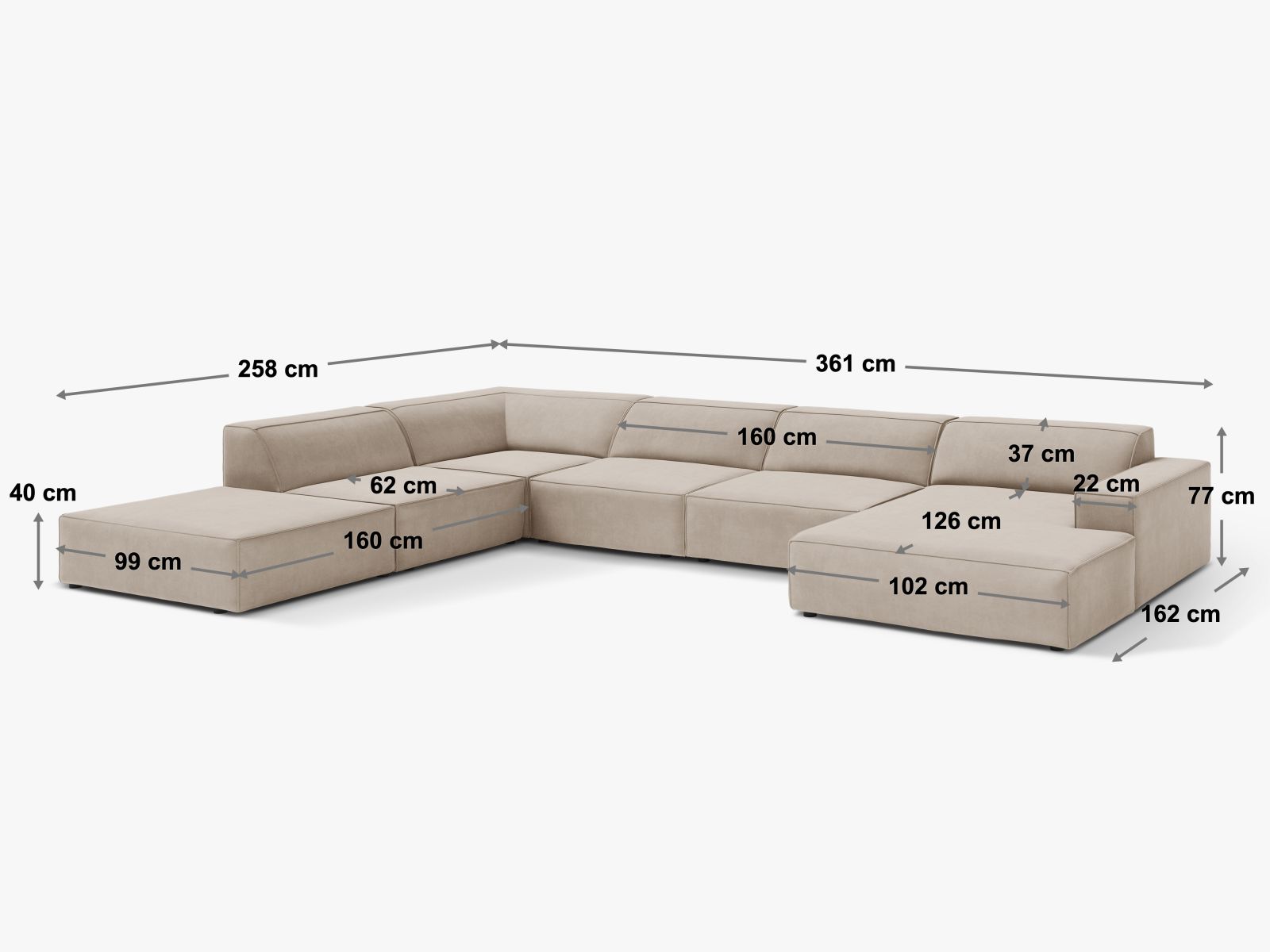 Stylisches 7-Sitzer Ecksofa Jodie in Schwarz, perfekt für großzügige Räume, bietet vielseitige Anordnungsmöglichkeiten und hohen Komfort.