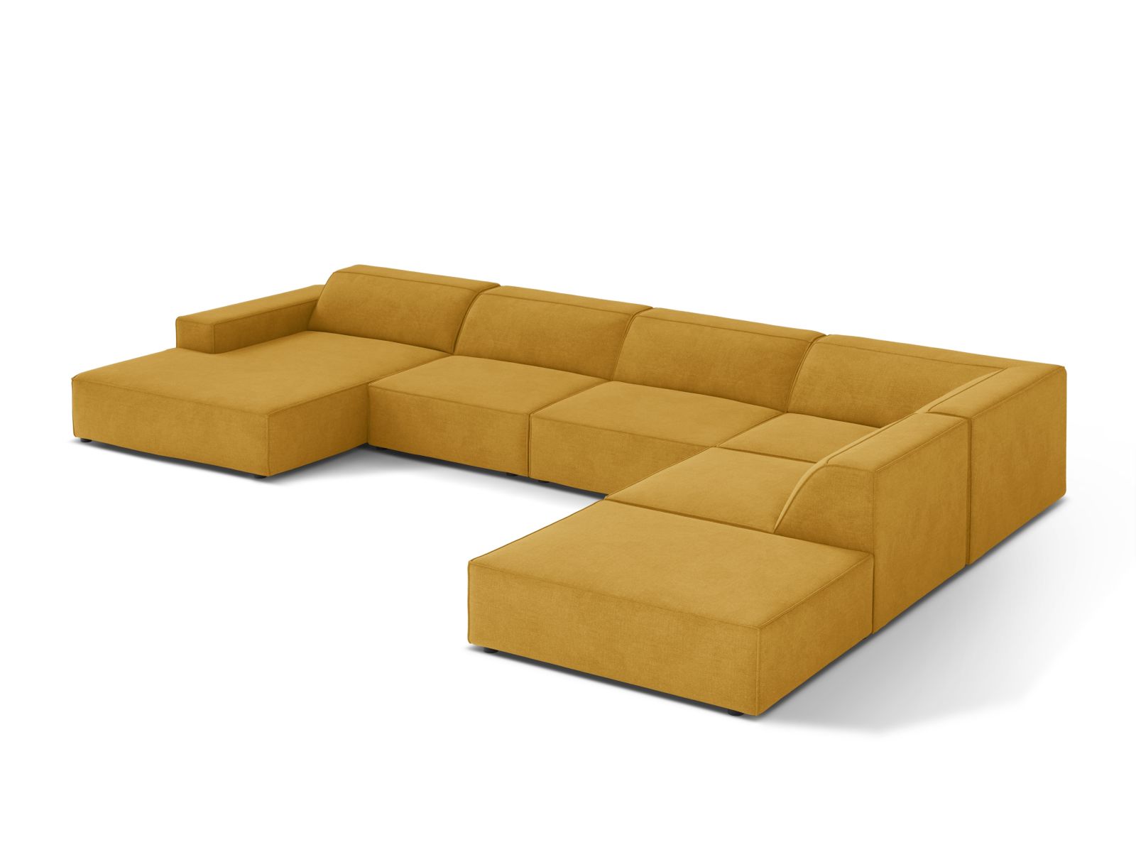 Elegantes 7-Sitzer Ecksofa Jodie in strahlendem Gelb, ideal für gesellige Runden und stilvolle Einrichtung in jedem Wohnzimmer.