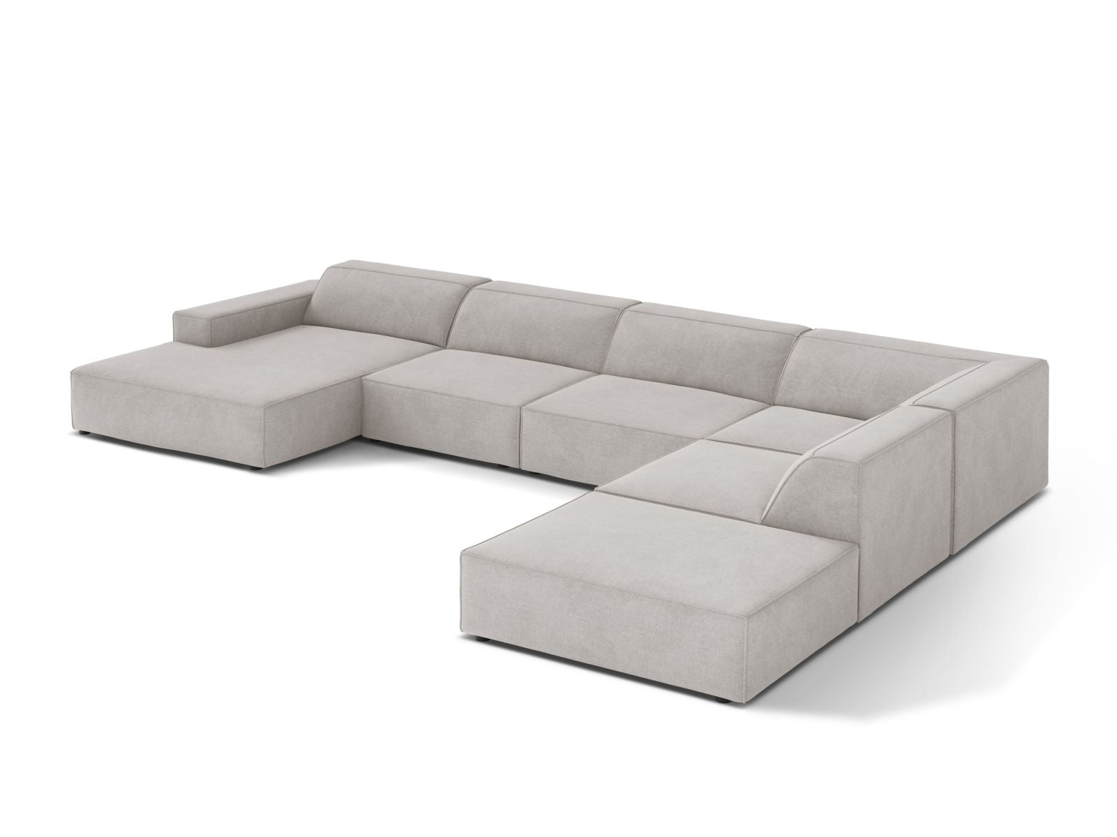Stilvolles 7-Sitzer Ecksofa Jodie in modernem Grau, ideal für große Räume, mit flexibler Anordnung und hohem Sitzkomfort.