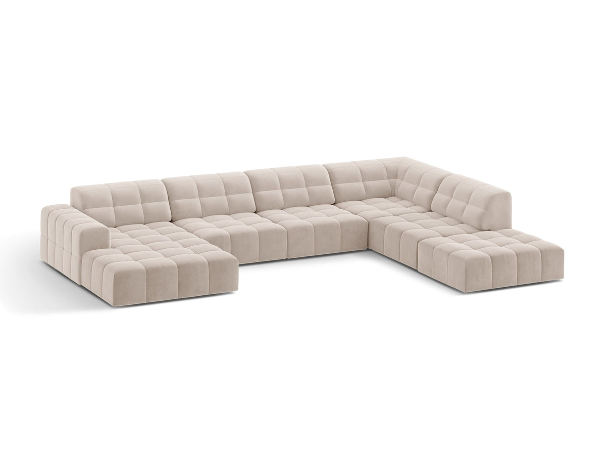 Panoramasofa Jennifer von Micadoni in leichtem Beige, Ecksofa rechts mit Bluvel-Stoffbezug, Rückenlehne und schwarzen Kunststoffbeinen aus Polypropylen.