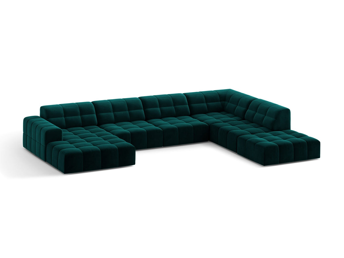 Panoramasofa Jennifer von Micadoni in leichtem Beige, Ecksofa rechts mit Bluvel-Stoffbezug, Rückenlehne und schwarzen Kunststoffbeinen aus Polypropylen.