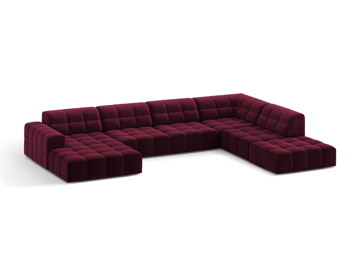 Panoramasofa Jennifer von Micadoni in leichtem Beige, Ecksofa rechts mit Bluvel-Stoffbezug, Rückenlehne und schwarzen Kunststoffbeinen aus Polypropylen.