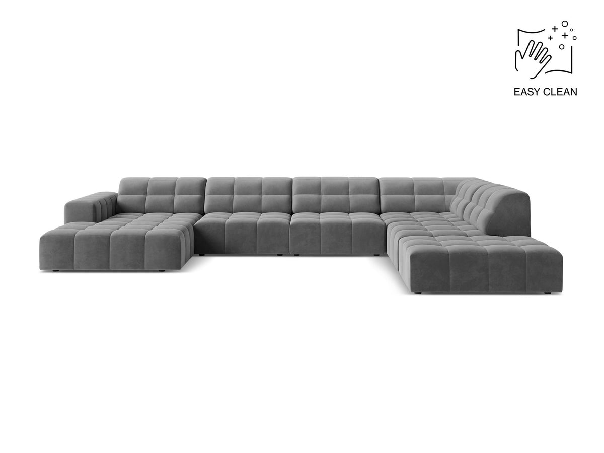 Panoramasofa Jennifer von Micadoni in leichtem Beige, Ecksofa rechts mit Bluvel-Stoffbezug, Rückenlehne und schwarzen Kunststoffbeinen aus Polypropylen.