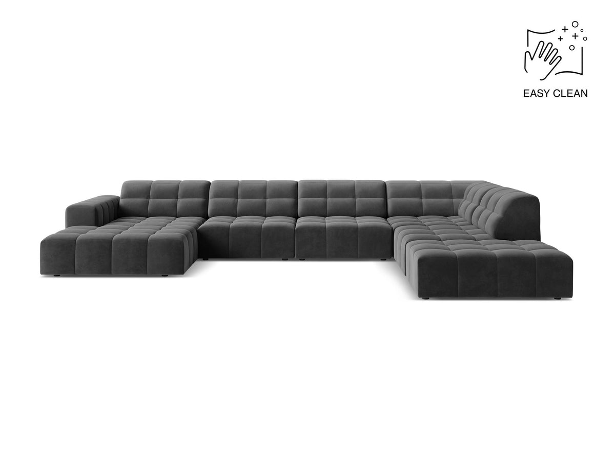 Panoramasofa Jennifer von Micadoni in leichtem Beige, Ecksofa rechts mit Bluvel-Stoffbezug, Rückenlehne und schwarzen Kunststoffbeinen aus Polypropylen.