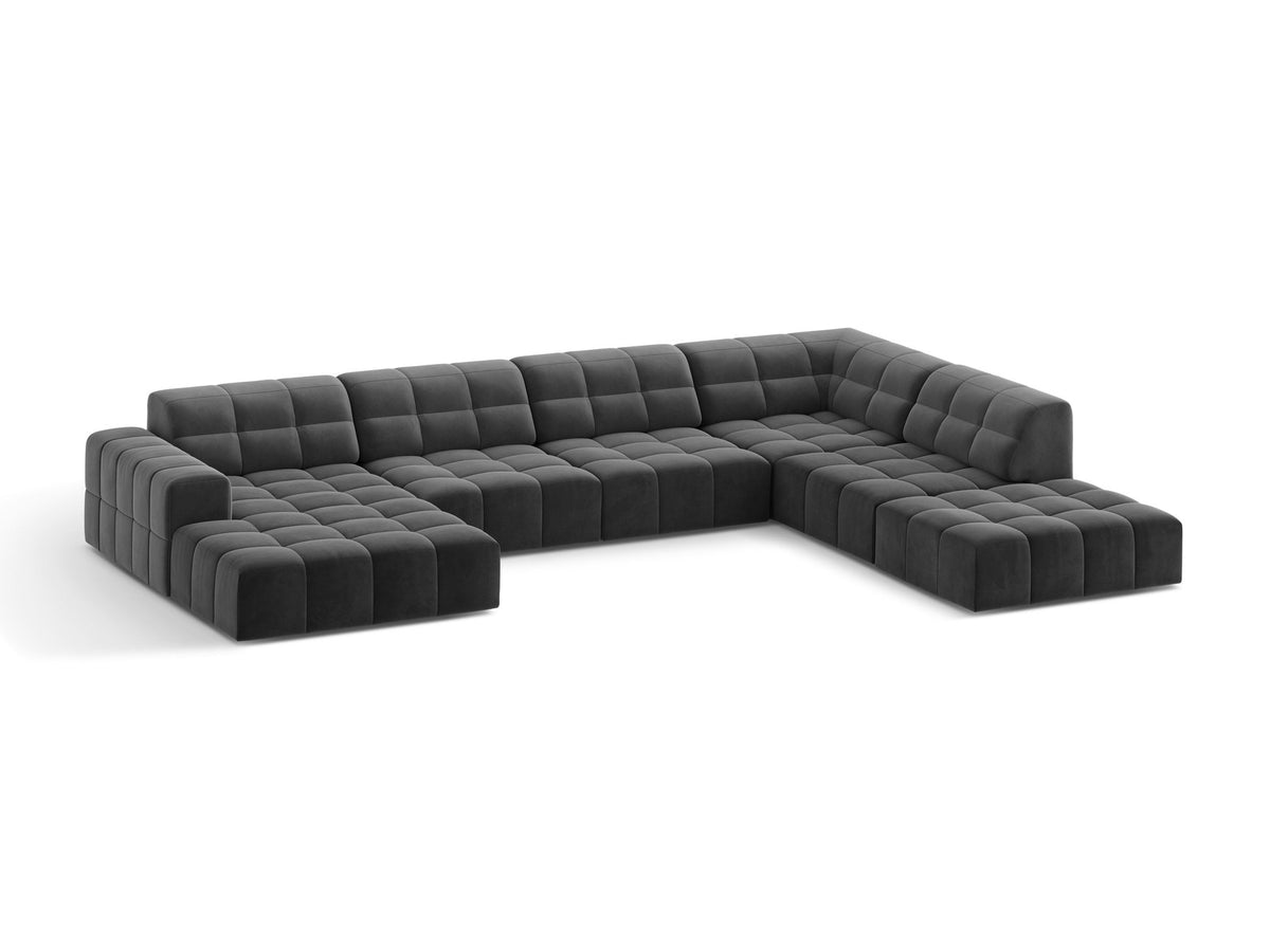 Panoramasofa Jennifer von Micadoni in leichtem Beige, Ecksofa rechts mit Bluvel-Stoffbezug, Rückenlehne und schwarzen Kunststoffbeinen aus Polypropylen.