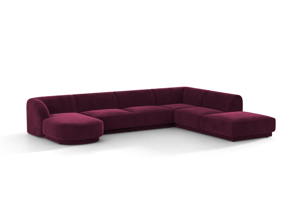 Dunkelbeiges Ecksofa rechts Miley von Micadoni mit Stoffbezug Bluvel, schwarzen Kunststoffbeinen und niedriger Rückenlehne.