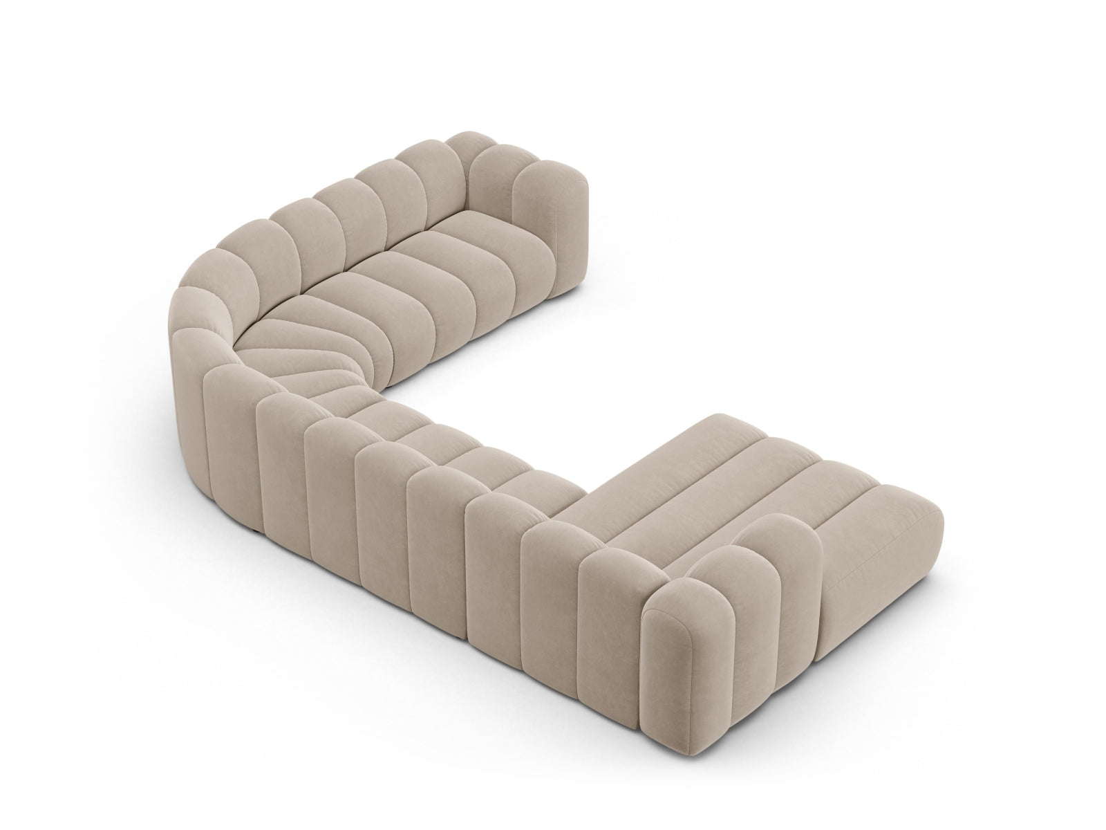Beige Velours Ecksofa von Micadoni, modulares Design für bis zu 6 Personen, ideal für gemütliche Abende und stilvolle Wohnräume.