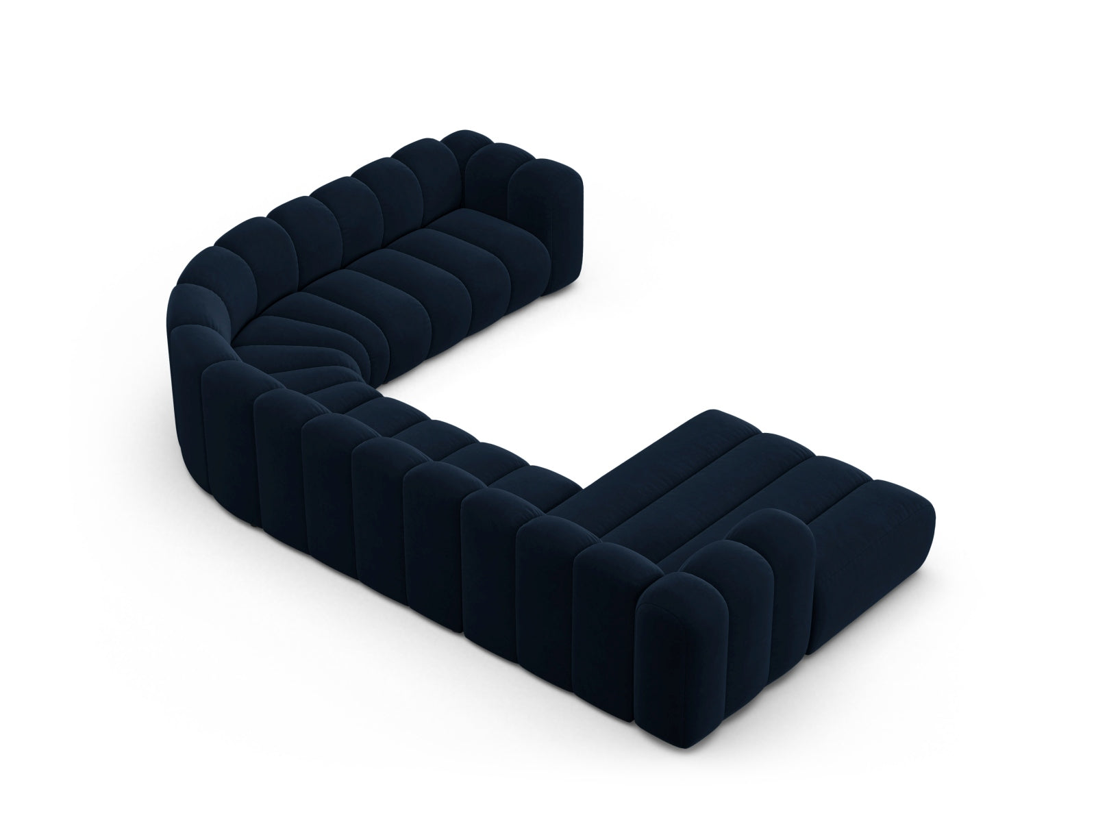 Elegantes, modulares Ecksofa in Royal Blue aus weichem Velours, ideal für gesellige Runden und stilvolle Wohnräume.