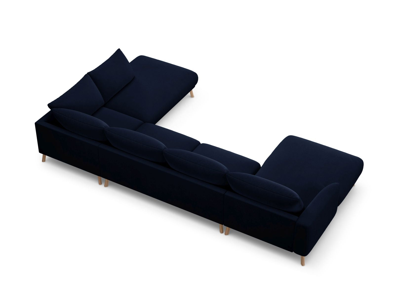 Elegantes 6-Sitzer Panoramic Ecksofa rechts Naomi in Royal Blue-Salvador, ideal für gemütliche Abende und modernes Wohndesign.