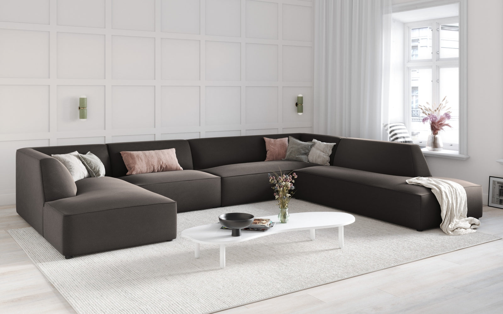 Elegantes Ruby Velour Panoramic Ecksofa in Dunkelgrau, 7-Sitzer, ideal für stilvolle Wohnräume, präsentiert von Micadoni.