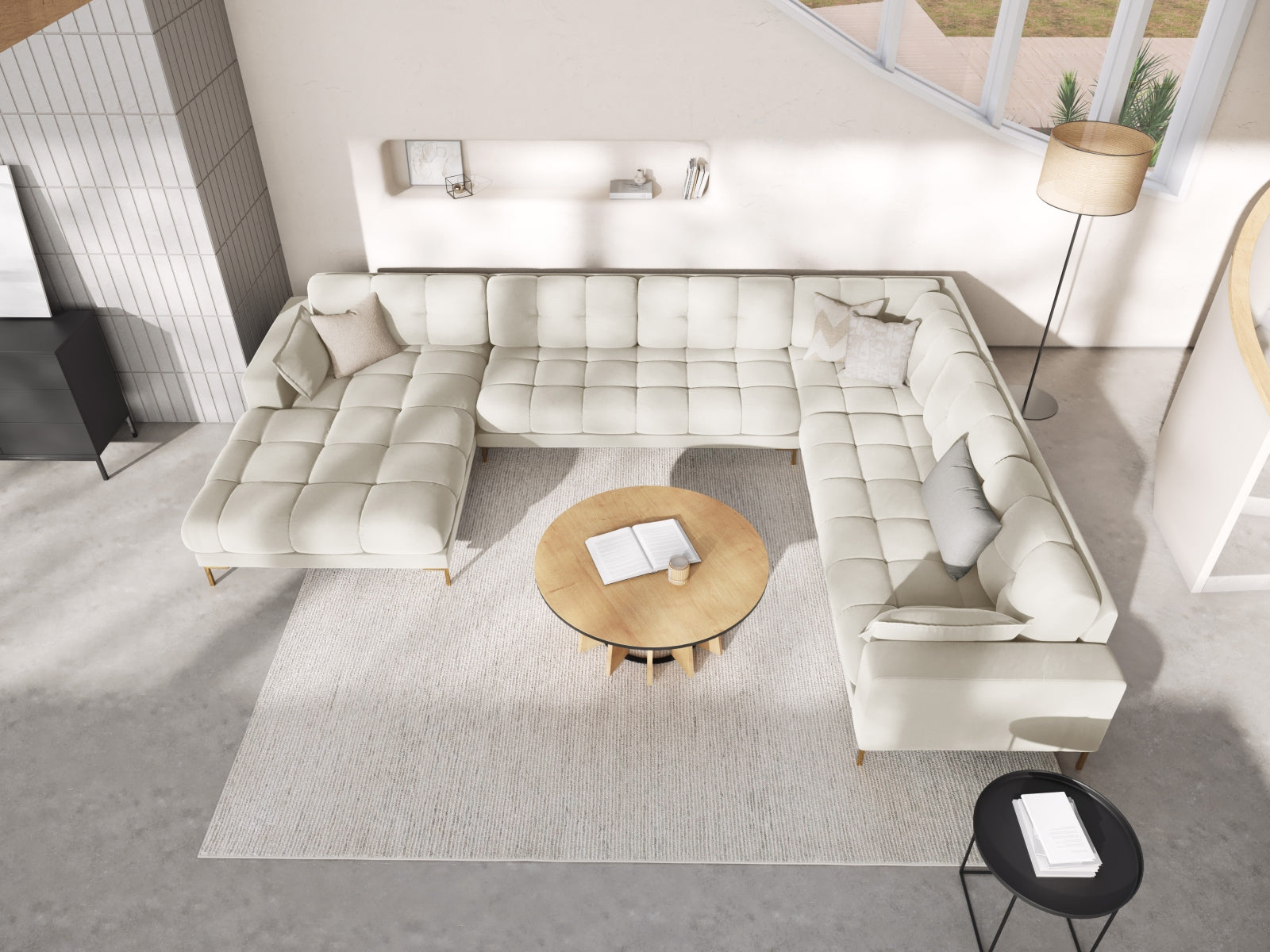 Mamaia Velour Panoramic Ecksofa rechts 7 Sitzer in Light Beige/Gold präsentiert im Onlineshop von KAQTU Design AG. Ecksofa rechts ist von Micadoni