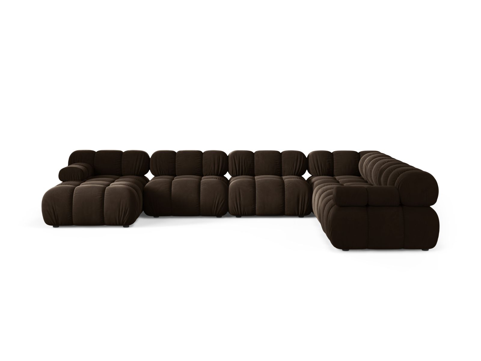 Elegantes 8-Sitzer Ecksofa Bellis in Dunkelbraun-Bluvel, ideal für moderne Wohnräume, mit großzügigem Platzangebot und stilvollem Design.