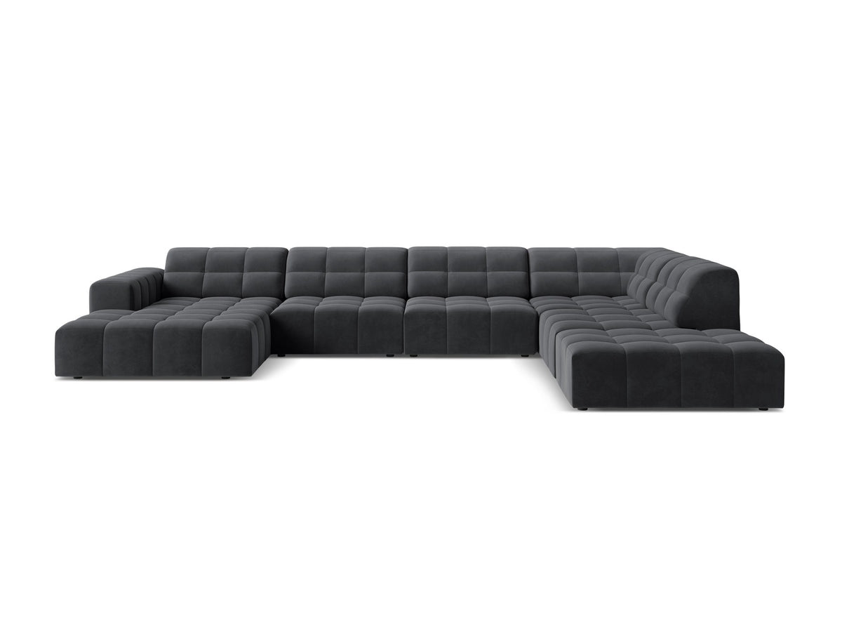 Panoramasofa Jennifer von Micadoni in leichtem Beige, Ecksofa rechts mit Bluvel-Stoffbezug, Rückenlehne und schwarzen Kunststoffbeinen aus Polypropylen.