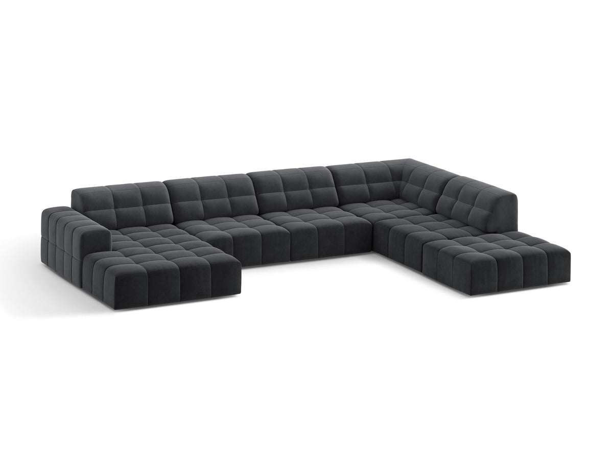 Panoramasofa Jennifer von Micadoni in leichtem Beige, Ecksofa rechts mit Bluvel-Stoffbezug, Rückenlehne und schwarzen Kunststoffbeinen aus Polypropylen.