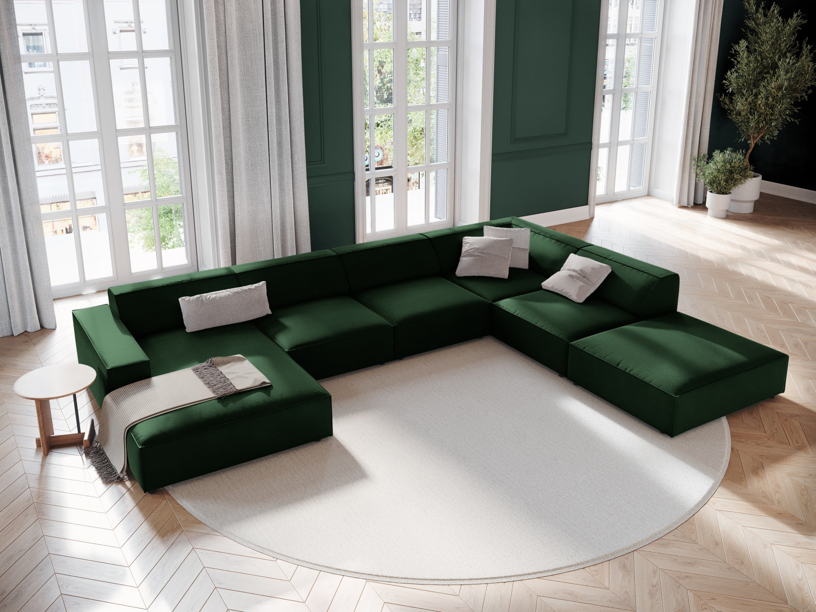 Jodie Velour modulares Panoramic Ecksofa rechts 7 Sitzer in Bottle Green präsentiert im Onlineshop von KAQTU Design AG. Ecksofa rechts ist von Micadoni