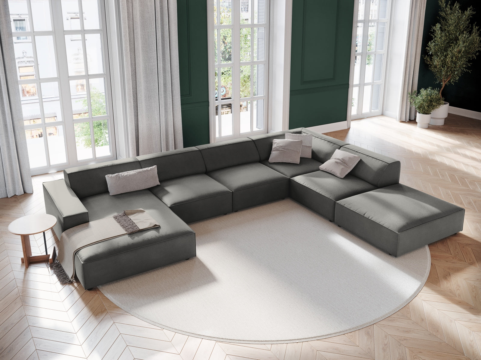 Jodie Velour modulares Panoramic Ecksofa rechts 7 Sitzer in Light Grey präsentiert im Onlineshop von KAQTU Design AG. Ecksofa rechts ist von Micadoni