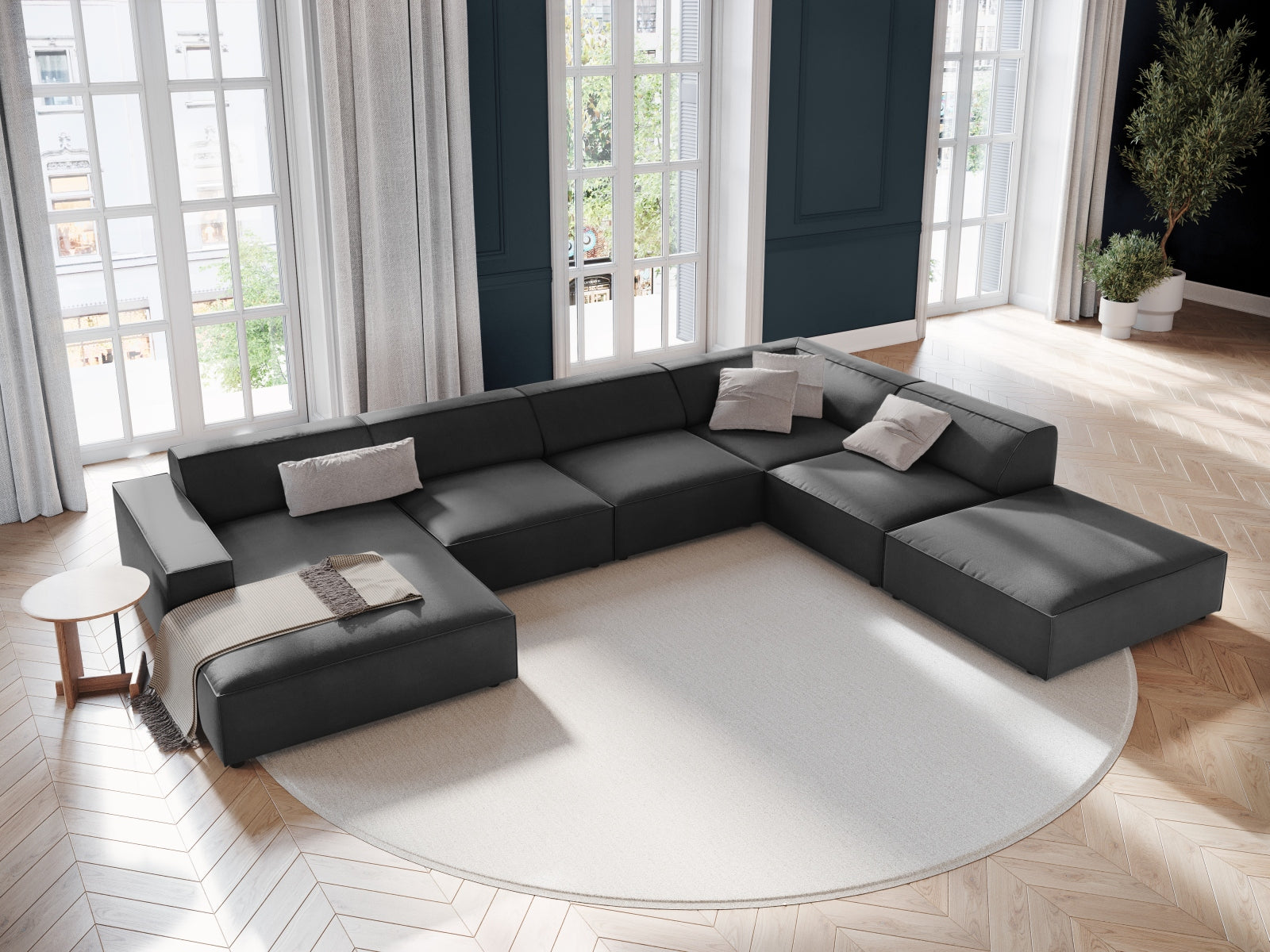 Jodie Velour modulares Panoramic Ecksofa rechts 7 Sitzer in Grey präsentiert im Onlineshop von KAQTU Design AG. Ecksofa rechts ist von Micadoni