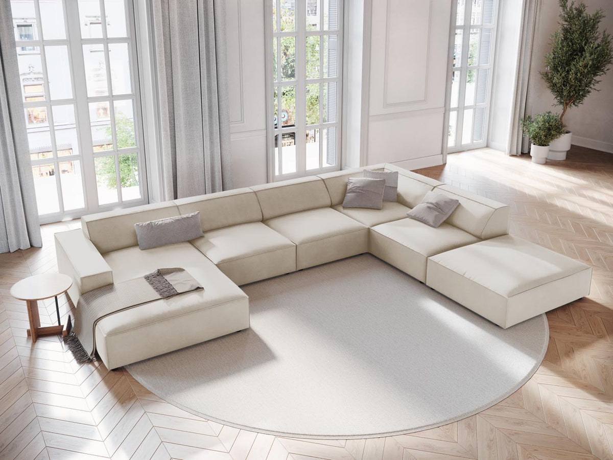 Ecksofa Jodie von Micadoni mit Meridienne rechts, Stoffbezug und schwarzen Kunststoffbeinen