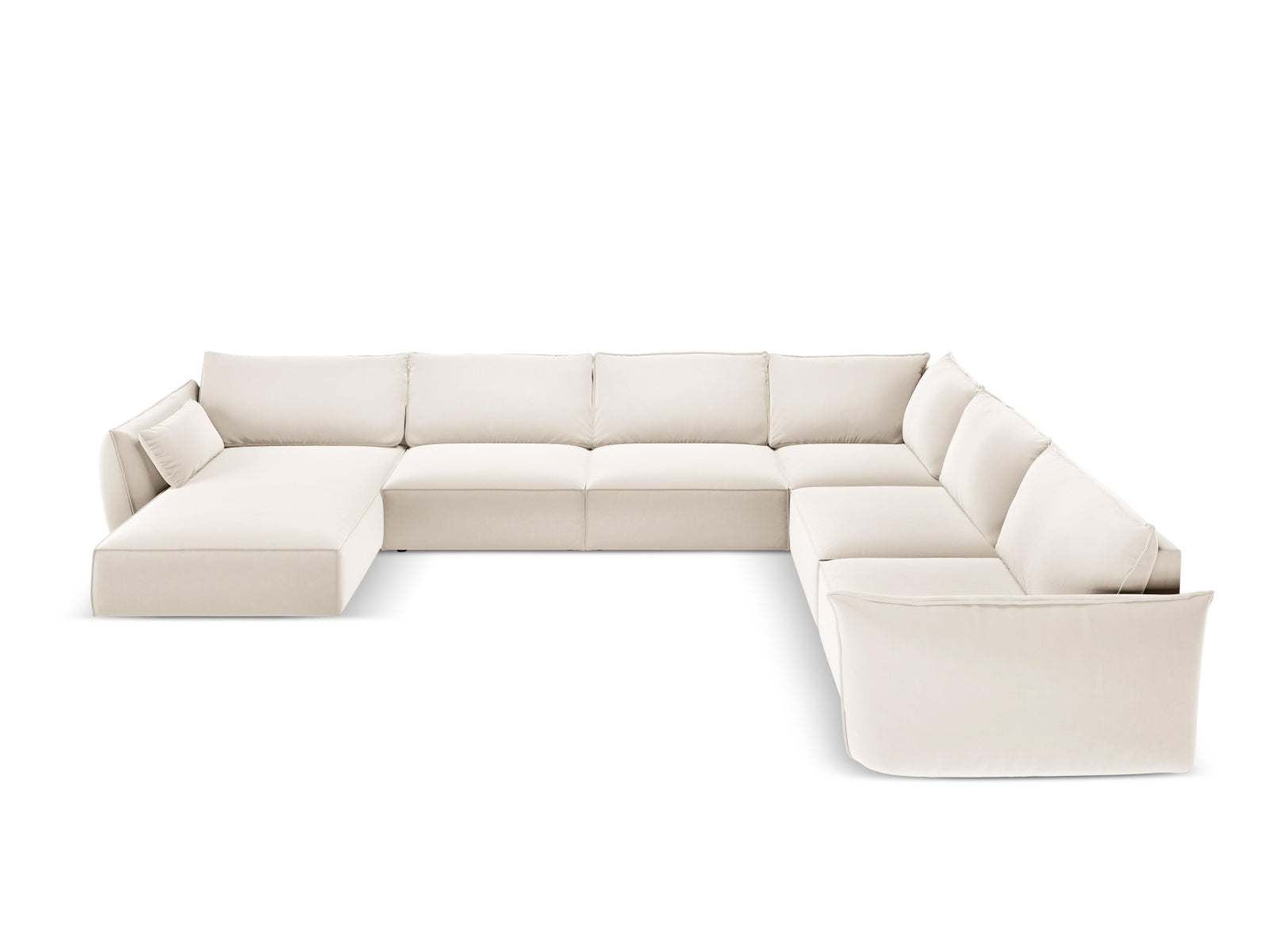 Elegantes Kaelle Velour Panoramic Ecksofa rechts für 8 Personen in sanftem Beige, ideal für stilvolle Wohnräume.