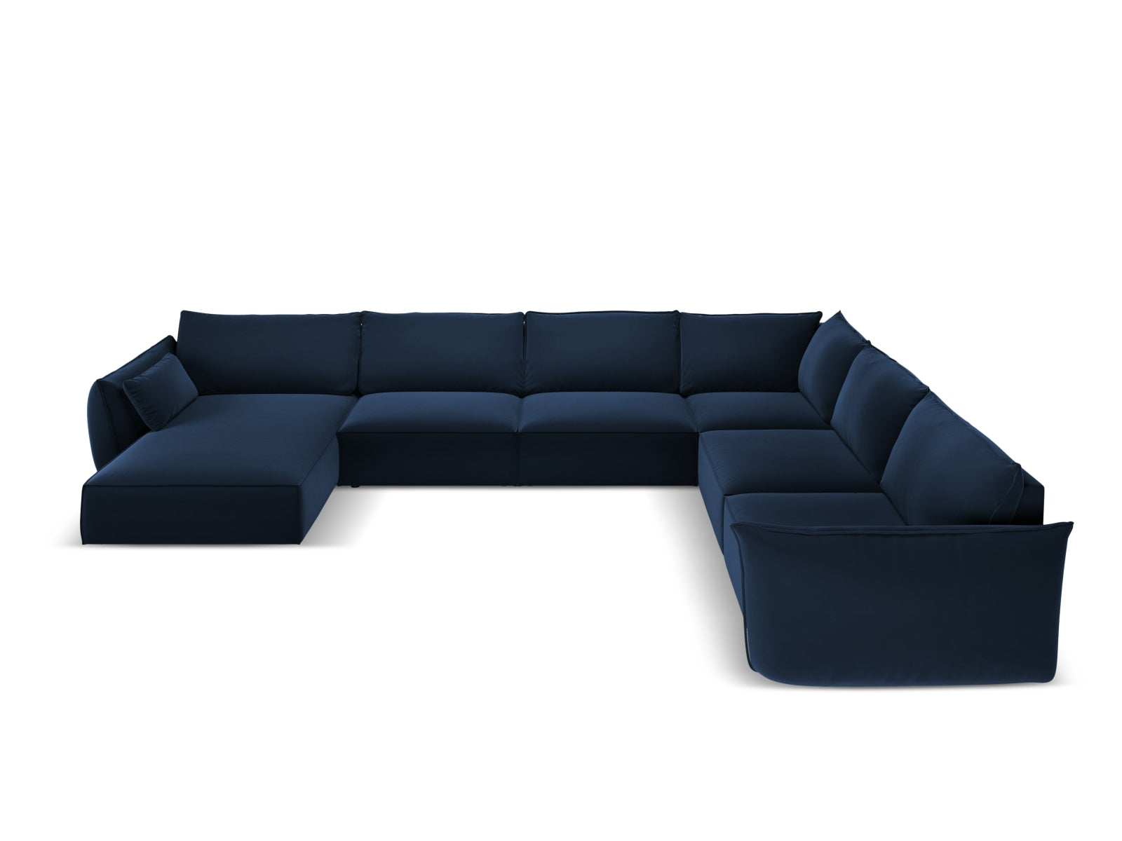 Elegantes Kaelle Velour Panoramic Ecksofa rechts für 8 Personen in Royal Blue, ideal für stilvolle Wohnräume.