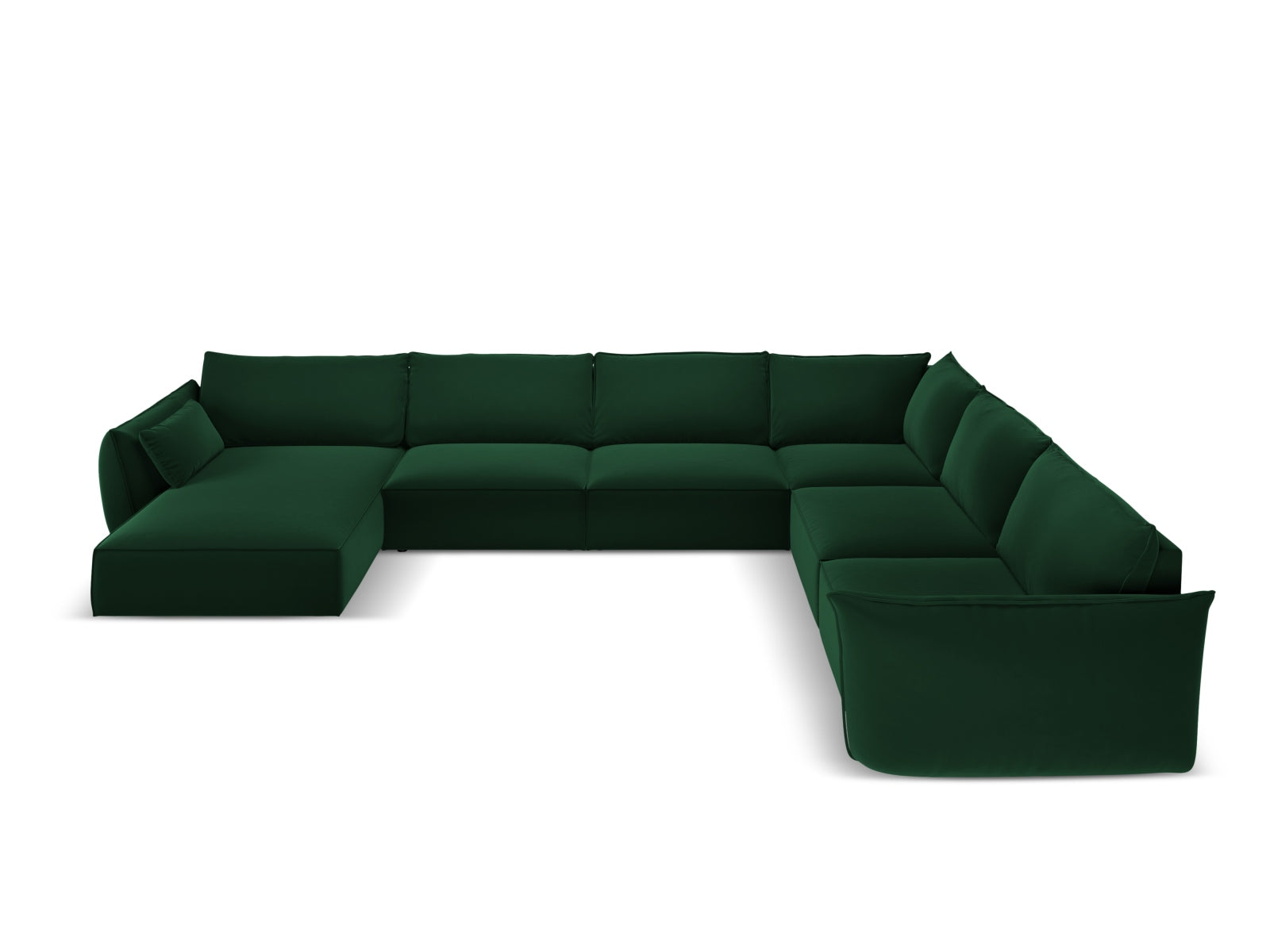 Elegantes Kaelle Velour Panoramic Ecksofa rechts, 8 Sitzer in edlem Bottle Green-Bluvel, ideal für stilvolle Wohnräume.